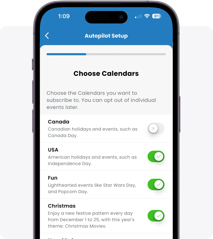Gemstone app screen for choosing Autopilot calendars