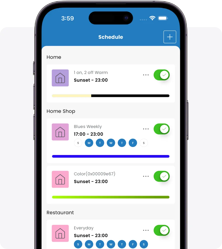 Gemstone app schedule screen with sunset timers