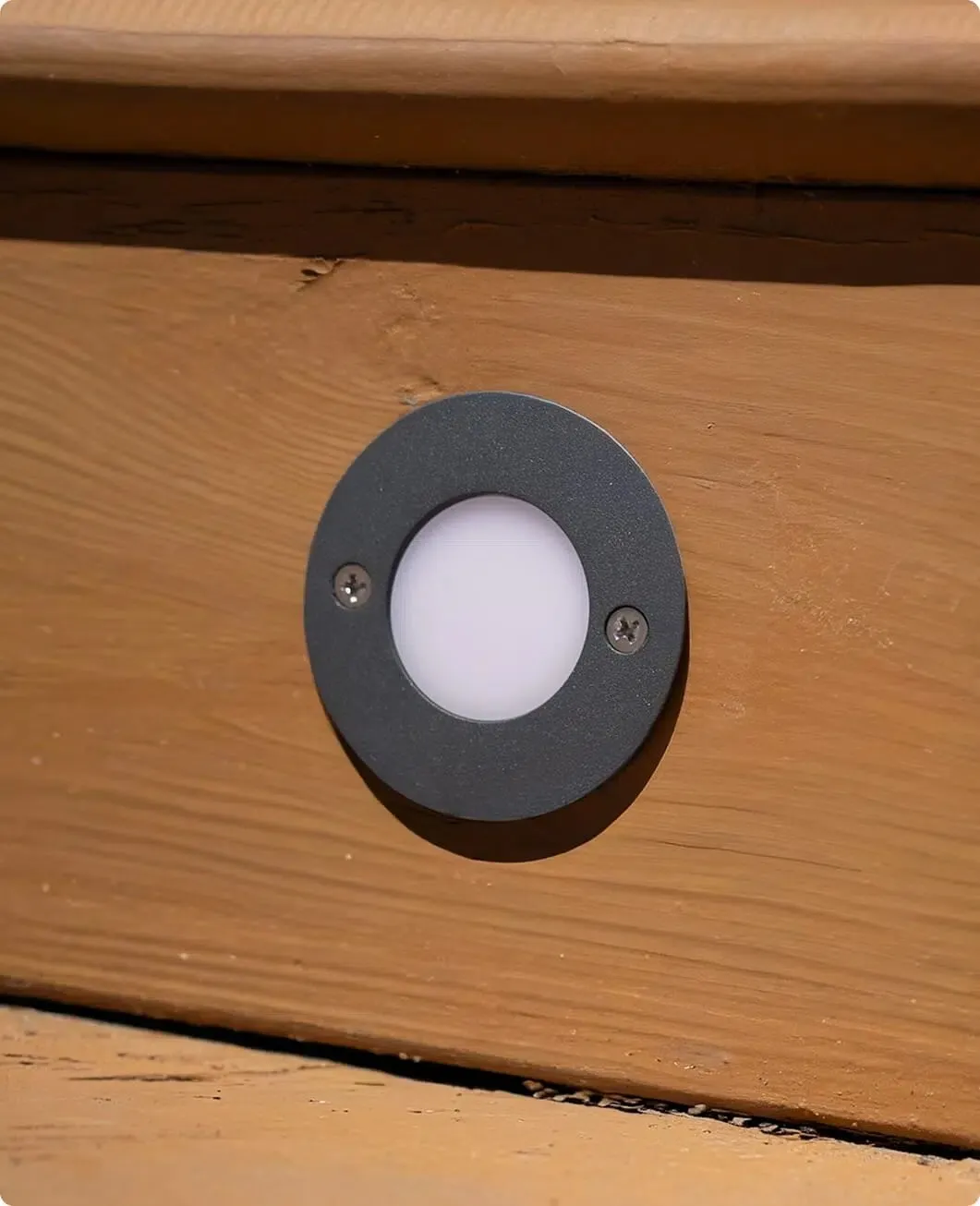 Close-up of a deck light in a metal Deck Ring