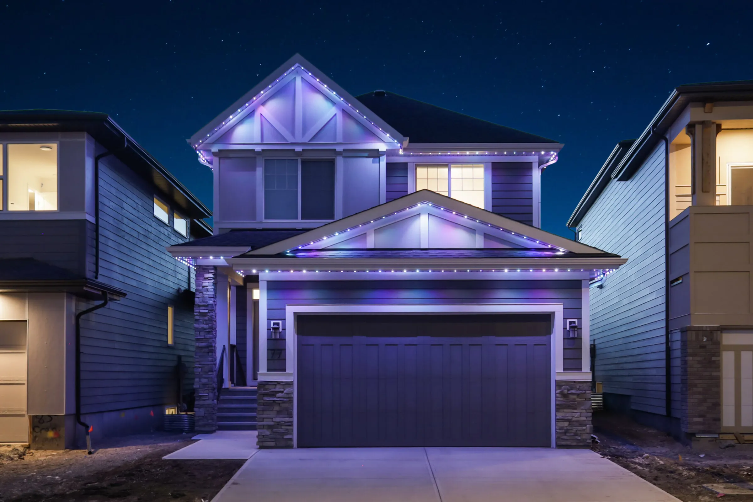 The same home with a purple and white New Year pattern